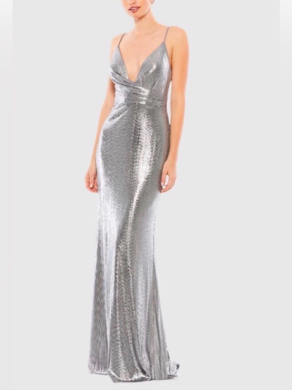 Silver Max Duggal Spaghetti-Strap Evening Gown